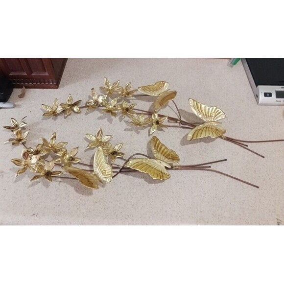 2 Mid Century Modern Floral Butterflies Copper/Brass Wall Sculptures 26 X 10 MCM - Picture 1 of 2